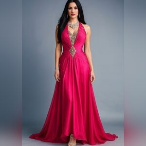 Elegant Pink Evening Gown. Beaded And Pleated Detail. Prom. Size 8